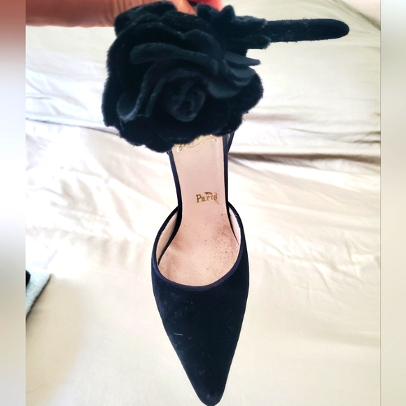 Christian Louboutin Black Suede, Flower Ankle Strap, Red Bottom, 3" Heels. 36.5 - Picture 6 of 10